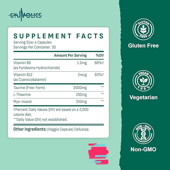 Taurine Supplement 2000mg - Amino Acid Supplement with L-Theanine, Inositol, B6 & B12 - Non-GMO, Gluten-Free, Vegetarian Capsules - 120 Taurine Capsules
