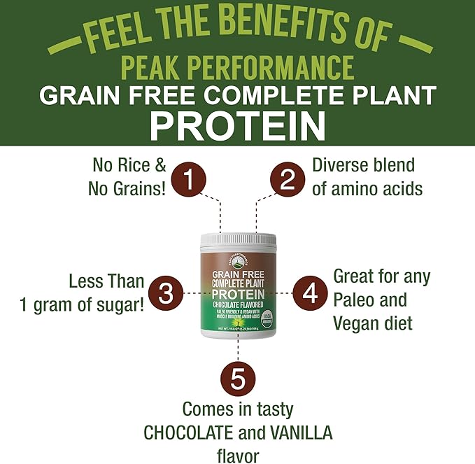 Organic Paleo Grain Free Plant Based Raw Vegan Protein Powder. Amazing Amino Acid Profile and Less Than 1g of Sugar. with Hemp and Pea Protein Chocolate Flavored