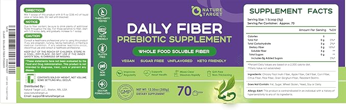 NATURE TARGET Daily Fiber Supplement - Soluble Prebiotic Fiber Powder for Gut Health, Whole Food High Fiber for Digestive Health & Regularity, Unflavored, Gluten & Sugar Free, Keto - 70 Servings