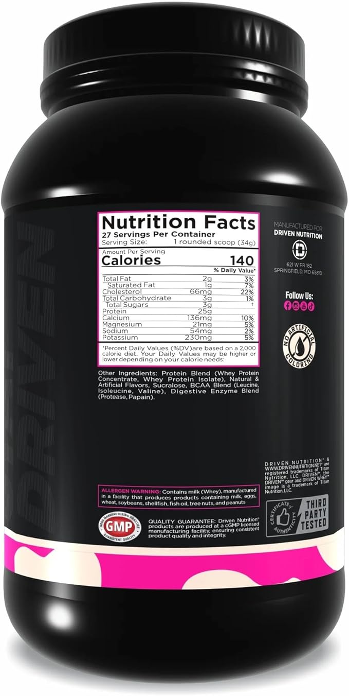 Driven WHEY- Grass Fed Whey Protein Powder: Delicious, Clean Protein Shake- Improve Muscle Recovery with 23 Grams of Protein with Added BCAA and Digestive Enzymes (2 lb, Creamy Vanilla)