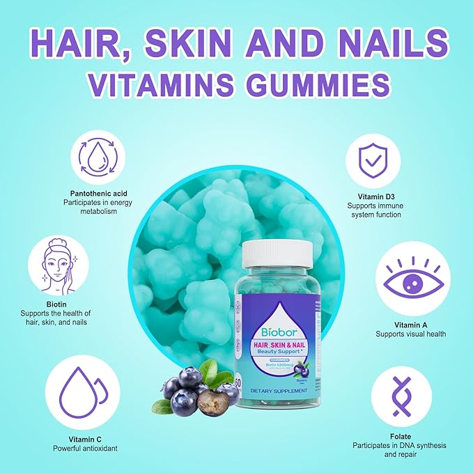 Hair Skin and Nails Vitamins Gummies,5200 mcg Biotin Vegan Chewable Supplement for Women Men with Vitamins A C D E, Blueberry Flavored, 60 Count (Random Packing)
