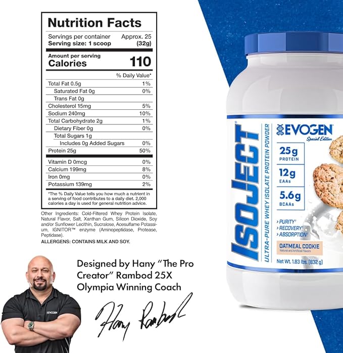Evogen Isoject - Whey Protein Isolate | Ultra-Pure Whey Protein Powder with Ignitor Enzymes, BCAAs, and EAAs | Enhanced Absorption & Recovery | Oatmeal Cookie | 25 Servings