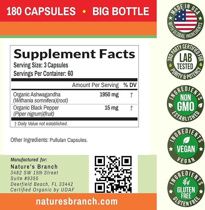 UDAF Verified Organic Ashwagandha with Black Pepper - 180 Capsules - 1965mg Extra Strength for Stress, Sleep, Mood, Thyroid, Focus, Hair, Vegan Pure Root Extract Powder - Men and Women Supplements