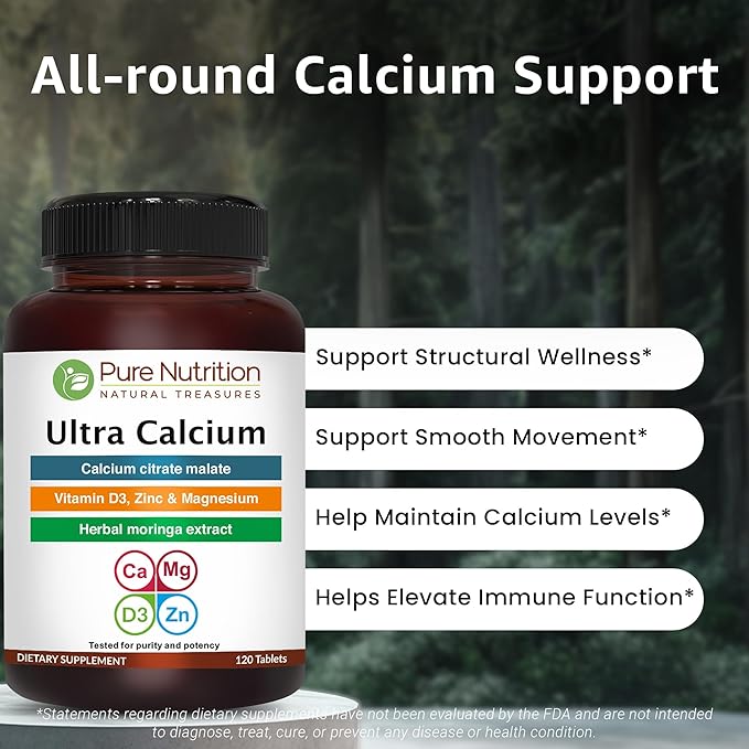 Pure Nutrition Ultra Calcium 1000mg with VIT D3 + K2 | 240 Tabs (120 X Pack of 2) | Highly absorbable Calcium Supplement with Calcium Citrate Malate, VIT D3, K2, Moringa Oleifera, Magnesium and Zinc.
