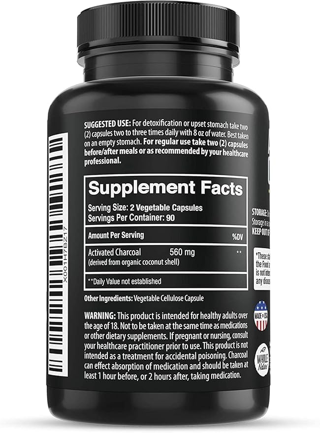 Pure Coconut Activated Charcoal Capsules - 180 Charcoal Pills, Helps with Teeth Whitening, Bloating and Body Cleansing. Non-GMO - Gluten Free, Vegan