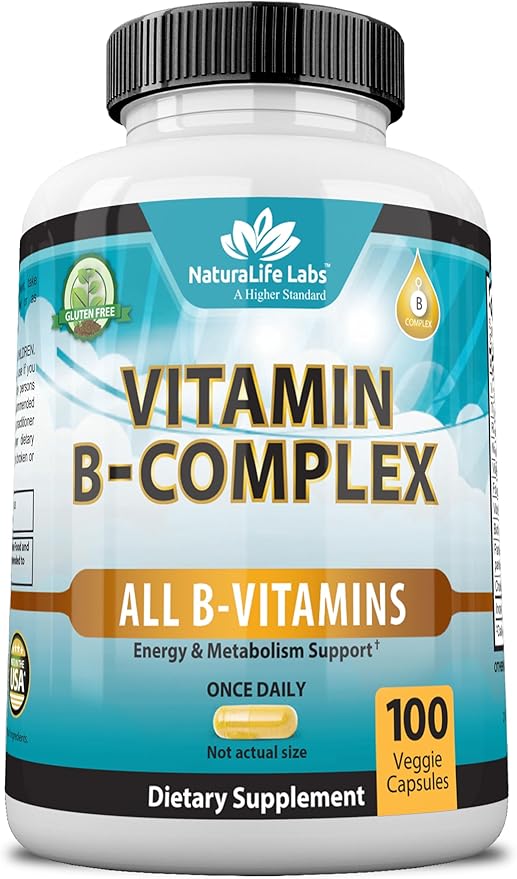 NaturaLife Labs Vitamin B Complex with Vitamin C and Folic Acid - B12, B1, B2, B3, Vitamin B5 Pantothenic Acid, B6, B7, B9 - Nervous System Support 100 Veggie Capsules