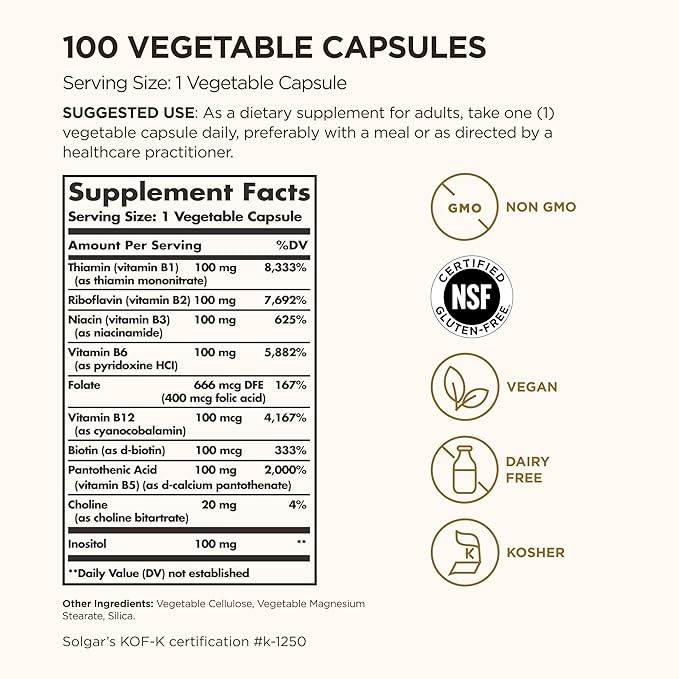 Solgar B-Complex "100", 100 Vegetable Capsules - Nervous System Support - Supports Energy Metabolism - Non-GMO, Vegan, Gluten Free, Dairy Free, Kosher - 100 Servings
