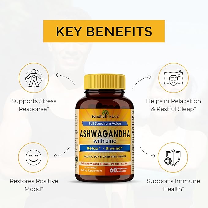 Sandhu Herbals Ashwagandha Supplement | 60 Organic 4 in 1 Capsules, 1 Month Supply | with Zinc, Black Pepper and Holy Basil Extract | Supports Immune Health | Non-GMO