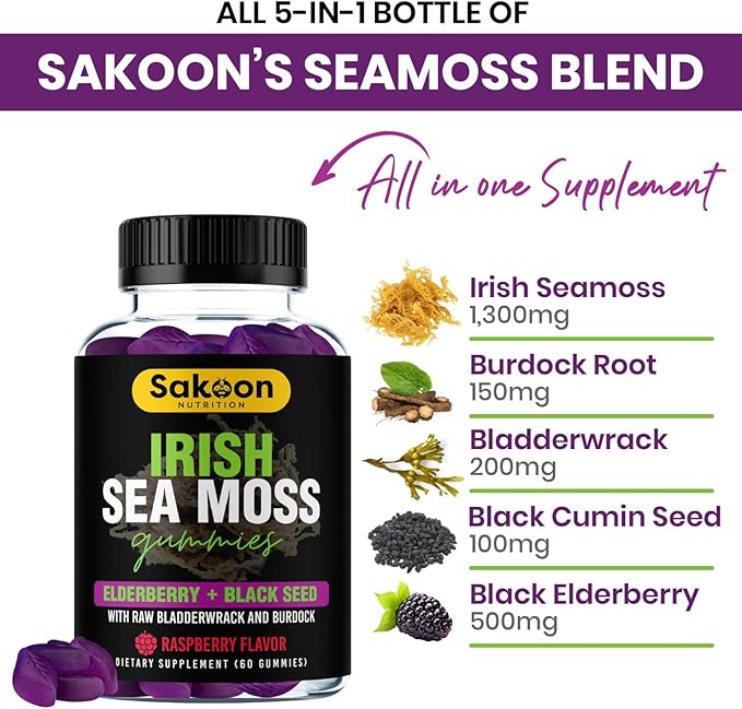 Irish Sea Moss Gummies with Elderberry & Black Seed Oil - Overall Wellness Support | Rich in Vitamins, Raspberry Flavor | 60 Gummies