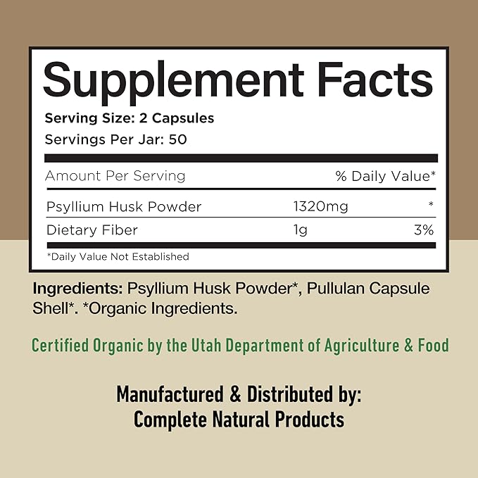 Pure Natural Whole Psyllium Husk Powder Capsules - 660mg Capsules 100 Pure Unflavored Fiber & Colon Cleanse Pills