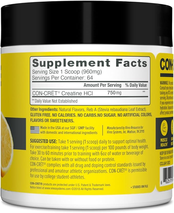 CON-CRET Creatine HCl Powder | Muscle, Cognitive, Cellular Energy Support | No Bloating or Cramps | USA Made & NSF Certified | Lemon Lime (64 Serving)
