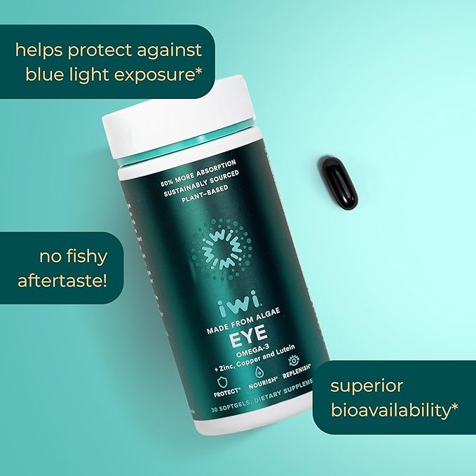 Iwi Life Eye Omega-3, 30 Softgels (30 Servings), Vegan Plant-Based Algae Omega 3 with EPA + DHA, Healthy Eye & Vision Support Dietary Supplement, Krill & Fish Oil Alternative, No Fishy Aftertaste