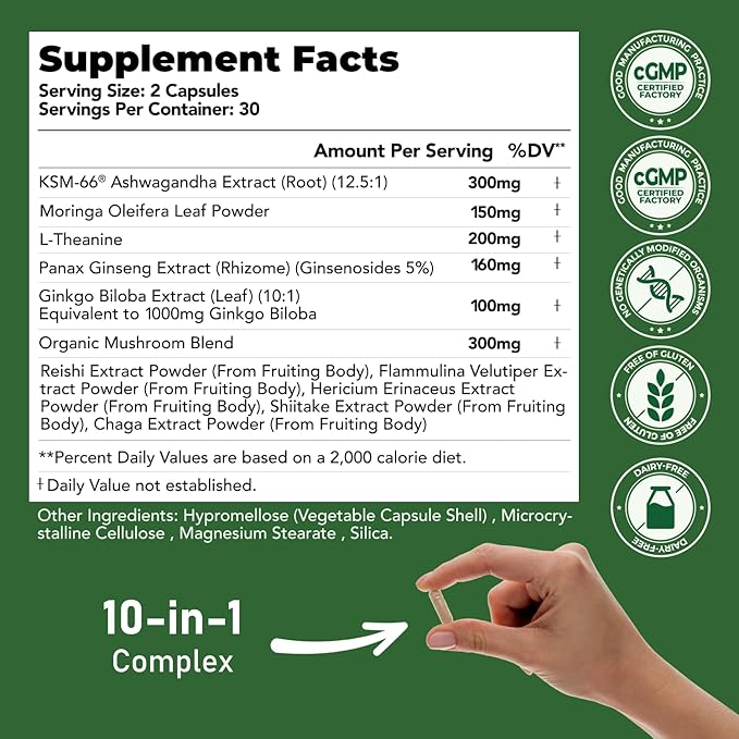 KSM-66 Ashwagandha Supplements with L-Theanine Moringa Organic Mushrooms Complex Ginseng Ginkgo Biloba - Mood & Energy Support, Cortisol Manager, Immune Support, 60 Vegan Capsules