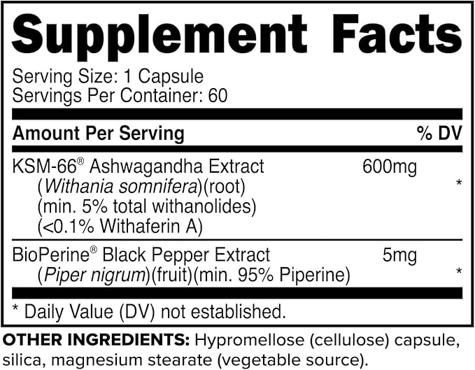 Primaforce KSM-66 Ashwagandha Root Extract (600mg) 60 Veggie Capsules - 5% Withanolides with BioPerine