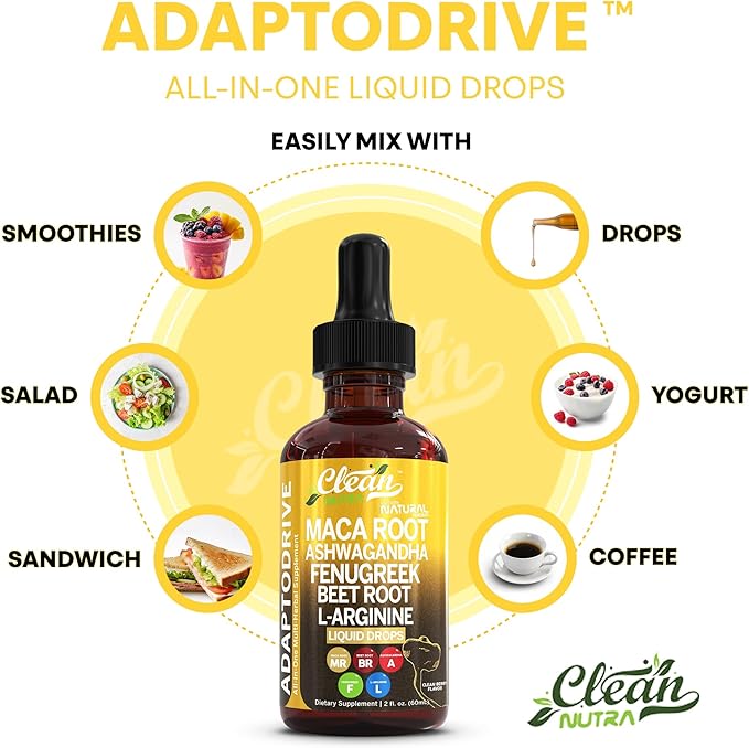 Clean Nutra Organic Maca Root Liquid Drops with Ashwagandha, Fenugreek, Beet Root and L-Arginine Liquid Multivitamin for Women and Men - Adapto Drive