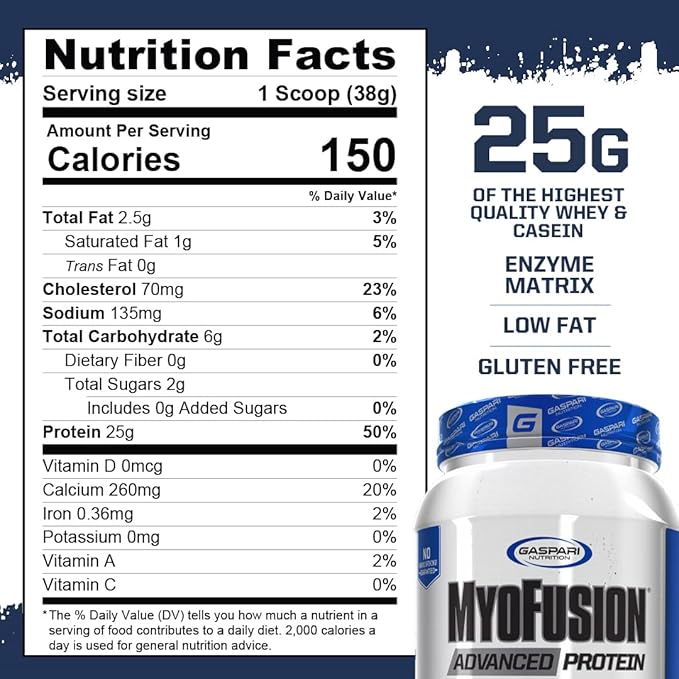 Gaspari Nutrition Myofusion Advanced Protein, Protein Blend with Whey Protein, Casein Protein and Isolate Protein, Low Fat and Gluten Free (Cookies and Cream, 4 Pound)