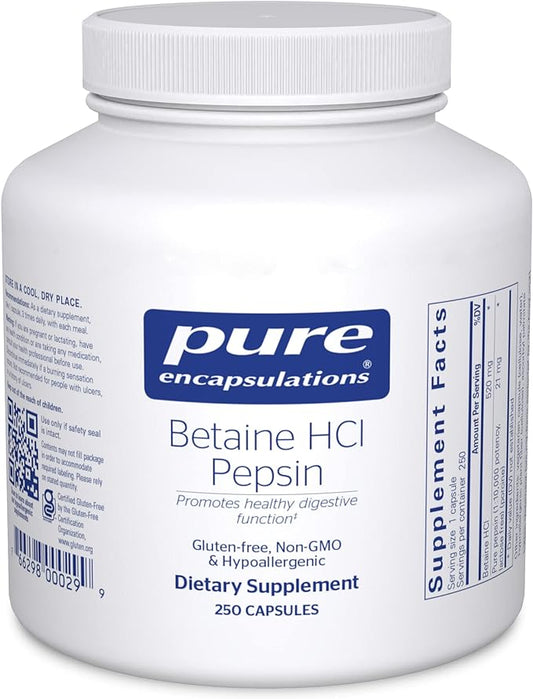 Pure Encapsulations Betaine HCl Pepsin - Digestive Enzymes Supplement for Digestion Aid & Support, Stomach Acid & Nutrient Absorption* - with Betaine HCl Pepsin - 250 Capsules