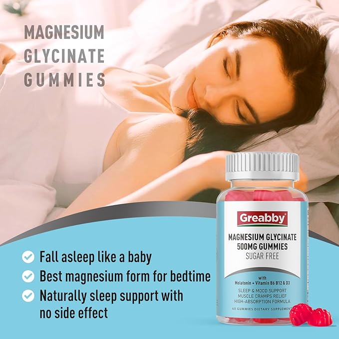Magnesium Glycinate Gummies 500mg for Adults Sleep Support, Chewable Magnesium Gummies for Women & Men, Muscle Relief & Magnesium Supply (60 Gummies)