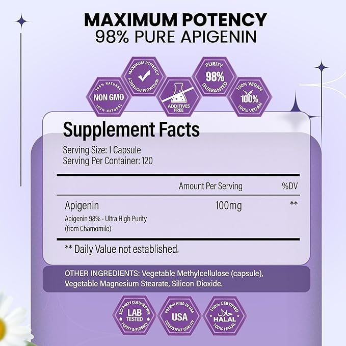 Apigenin Supplement 100mg from Chamomile Extract 120 Count - 98% purity- Apigenin Supplement for Sleep, Mood, Cognition, Prostate health - Excellent sleep aid, Non-GMO, No Fillers - 4-Month Supply
