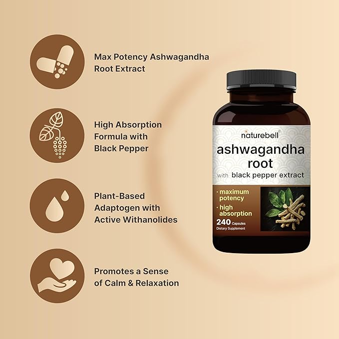 NatureBell Ashwagandha 12,500 mg Equivalent with Black Pepper, 240 Capsules | High Absorption Complex – Extra Strength 25:1 Root Extract – Adaptogens Supplements for Relaxation – Non-GMO
