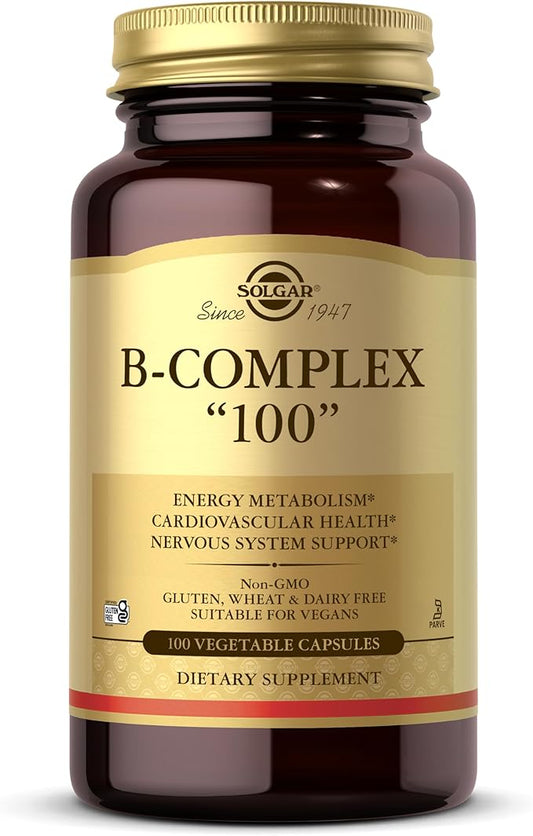 Solgar B-Complex "100", 100 Vegetable Capsules - Nervous System Support - Supports Energy Metabolism - Non-GMO, Vegan, Gluten Free, Dairy Free, Kosher - 100 Servings