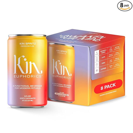 Kin Euphorics Kin Spritz Non-Alcoholic Functional Beverage | Invigorating Booster | Adaptogen & Nootropic Drink | Rhodiola Rosea, 5-HTP, GABA | Ready to Drink | 8 Fl Oz (8pk)