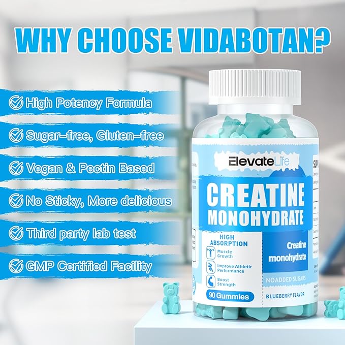 ElevateLife Creatine Monohydrate Gummies 5000mg for Men & Women, Chewables Creatine Monohydrate for Muscle Strength, Muscle Builder, Energy Boost, Pre-Workout Supplement-180 Blueberry Gummies