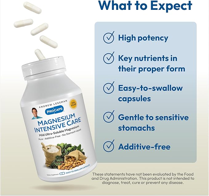 Andrew Lessman Magnesium Intensive Care 500 Capsules – 200mg Mild Ultra-Soluble Magnesium, Supports Nerves, Muscles, Brain and Heart, No Additives, Gentle to Even The Most Sensitive Stomachs