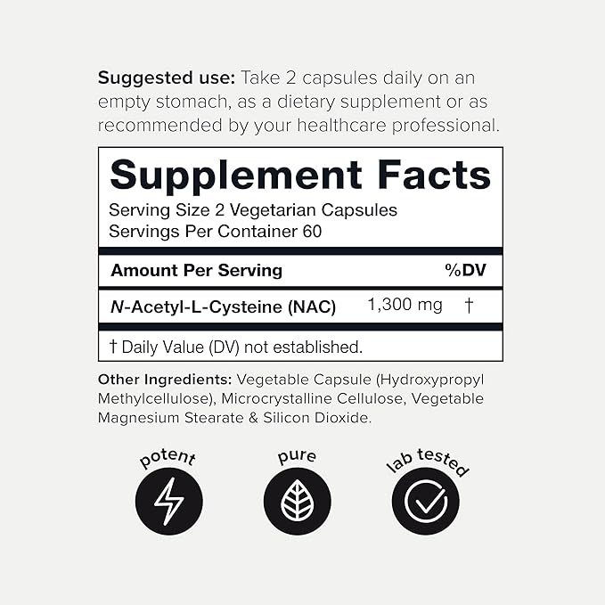 Toniiq 1300mg NAC - 2 Month Supply - Min. 98%+ Tested Purity - Ultra High Strength Bioavailable NAC Cysteine Supplement - 120 Vegetarian N Acetyl Cysteine Capsules -Lab Tested TQ