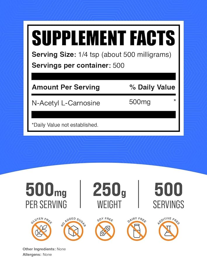 BulkSupplements.com N-Acetyl L-Carnosine Powder - Carnosine Supplement, N-Acetyl Carnosine 500mg - Gluten Free, 500mg per Serving, 250g (8.8 oz) (Pack of 1)