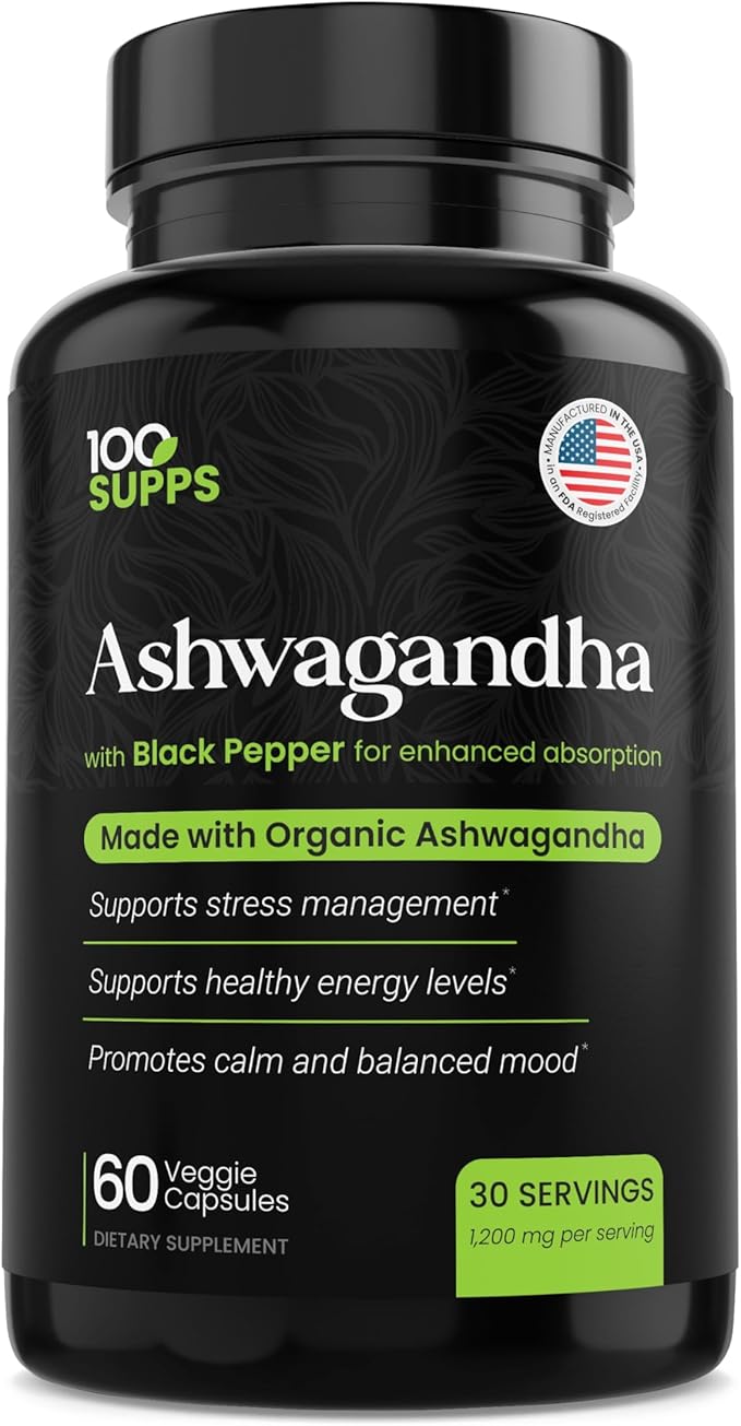 Ashwagandha with Black Pepper – 1,200 mg | 60 Veggie Capsules, 30-Day Supply | Made with Organic Ashwagandha, Gluten-Free, Manufactured in USA