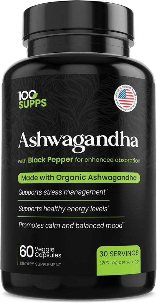 Ashwagandha with Black Pepper – 1,200 mg | 60 Veggie Capsules, 30-Day Supply | Made with Organic Ashwagandha, Gluten-Free, Manufactured in USA