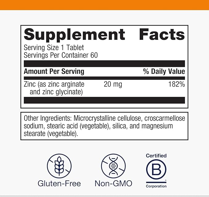 Metagenics Zinc A.G. - Highly Absorbable - 20 mg Zinc - For Immune Support, Bone Health & Energy Metabolism* - Zinc Arginate & Zinc Glycinate - Non-GMO & Gluten-Free - 60 Tablets