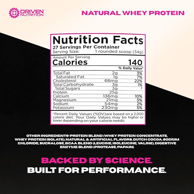 Driven WHEY- Grass Fed Whey Protein Powder: Delicious, Clean Protein Shake- Improve Muscle Recovery with 23 Grams of Protein with Added BCAA and Digestive Enzymes (2 lb, Creamy Vanilla)