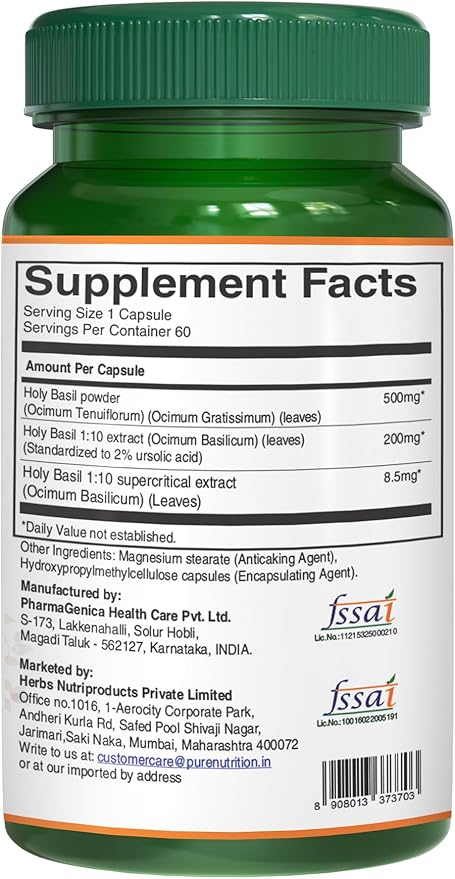 Pure Nutriton Tulsi Extract 708mg - 60 Caps (Extract Equiv. to 2585mg Basil Leaf Powder) with Eugenols and Ursolic Acid | 60 Veg Caps | Non GMO | Once Daily | 60 Days Supply.
