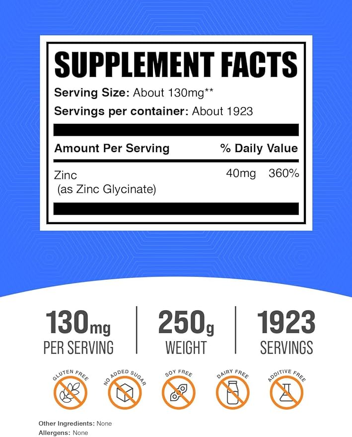 BulkSupplements.com Zinc Glycinate Powder - Zinc Supplement, Mineral Supplement for Immune Support - Gluten Free, 130mg per Serving, 250g (8.8 oz) (Pack of 1)