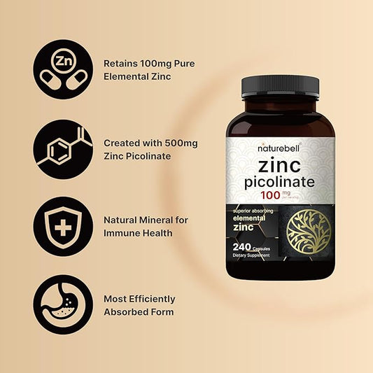 High Potency Zinc Picolinate 100mg - 240 Capsules, Bioavailable Form of Zinc for Immune Support and Skin Health - Non-GMO and Gluten