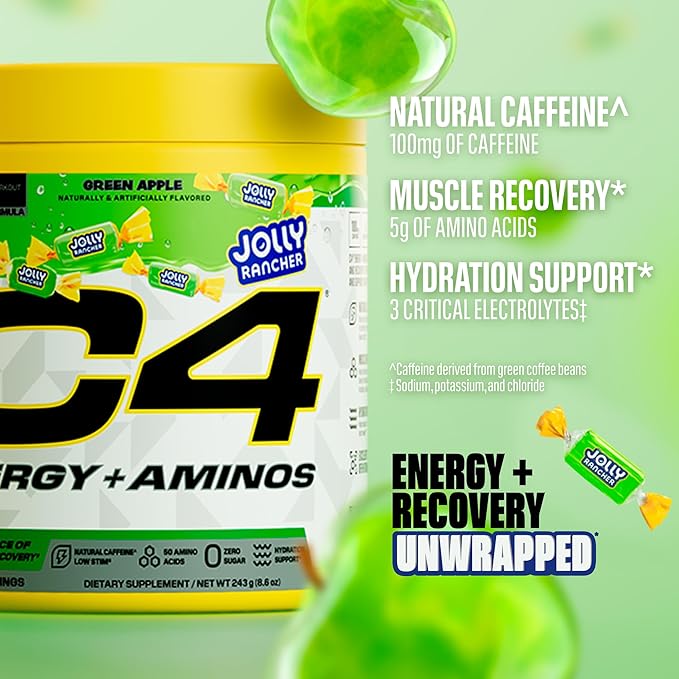 Cellucor C4 Energy + Aminos Powder | Jolly Rancher Green Apple | 5g BCAAs & EAAs for Muscle Recovery, 3 Electrolytes for Hydration, 100mg Natural Caffeine | Pre Workout | Zero Sugar, 30 Servings