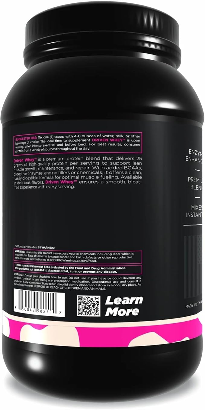 Driven WHEY- Grass Fed Whey Protein Powder: Delicious, Clean Protein Shake- Improve Muscle Recovery with 23 Grams of Protein with Added BCAA and Digestive Enzymes (2 lb, Creamy Vanilla)