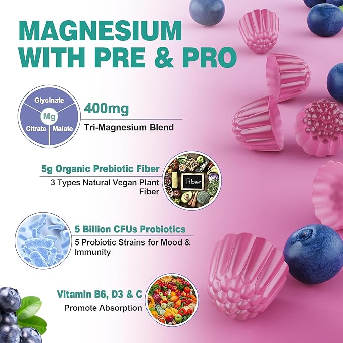 Triple Magnesium Complex Gummies 400mg with Prebiotics & Probiotics 5 Billion CFUs, Magnesium Glycinate, Supplement Gummies with Vitamin B6, D3 & C for Muscles & Mood - 60 Count (Pack of 1)