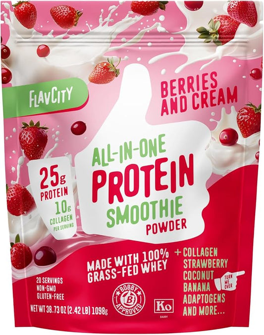 FlavCity Protein Powder Smoothie, Berries & Cream - 100% Grass-Fed Whey with Collagen (25g of Protein) - Gluten Free & No Added Sugars (38.73 oz)
