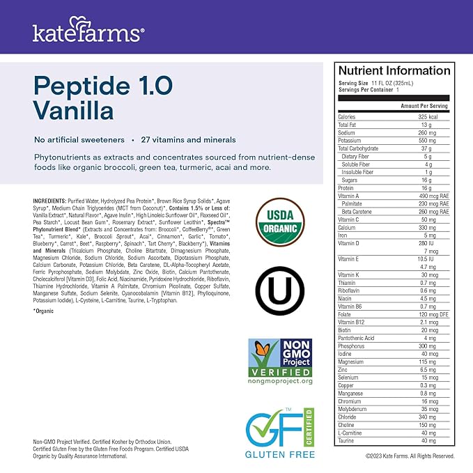 KATE FARMS Organic Adult Peptide 1.0 Formula, Vanilla, Sole-Source, Hydrolyzed Plant-Based Nutrition for Oral or Tube Feeding, 11 Fl oz (12 Pack)