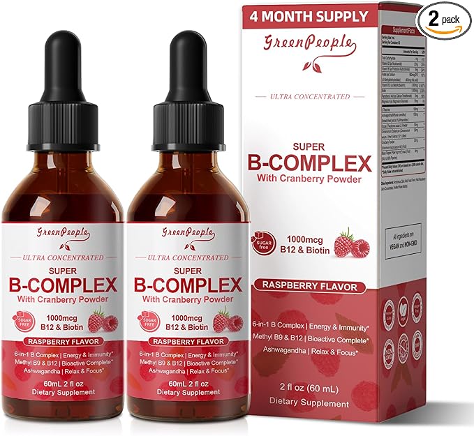 Super B Complex Liquid | B12 Methylcobalamin + Methyl Folate | B Vitamins Complex Liquid Drops with B3,B5,B6,B7, Ashwagandha & L-Theanine for Energy, Focus & Immunity, 4 fl Vegan Raspberry
