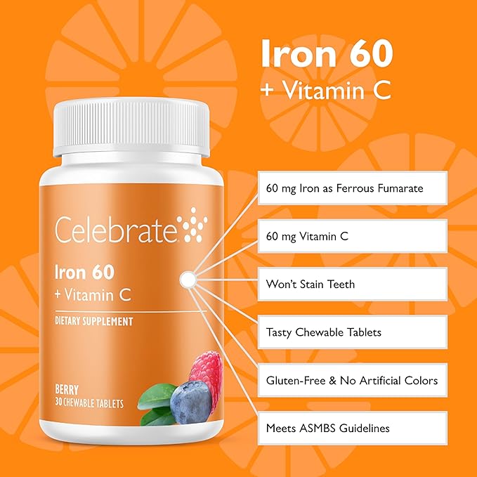 Celebrate Vitamins Iron Supplement with 60mg Iron & Vitamin C – Berry Chewables for Bariatric Patients, Gastric Bypass & Sleeve Gastrectomy Support – 30 Tablets for Post-Surgery Health Maintenance