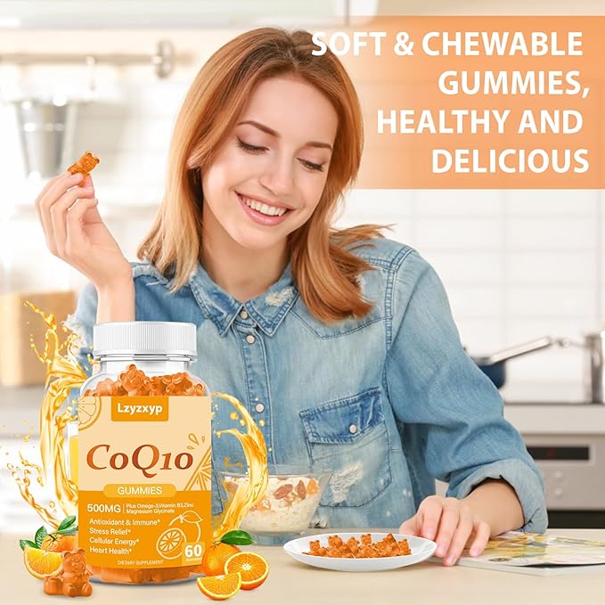 CoQ10 Oranges Gummies 500mg-3X Better Absorption Coenzyme Q10 Supplements - Plus Omega-3, Magnesium, Vitamin B3 & Zinc for Heart Health, Cellular Energy & Antioxidant, Vegan, Non-GMO 60 Ct (1)