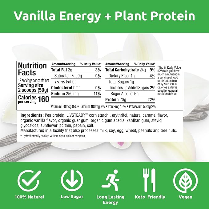 UCAN Energy + Plant Protein Powder - Vegan Plant Based Protein 20g Pea Protein with Amino Acids EAAs & BCCAs - Keto Protein Powder - No Added Sugar, Gluten-Free - Vanilla - 12 Servings