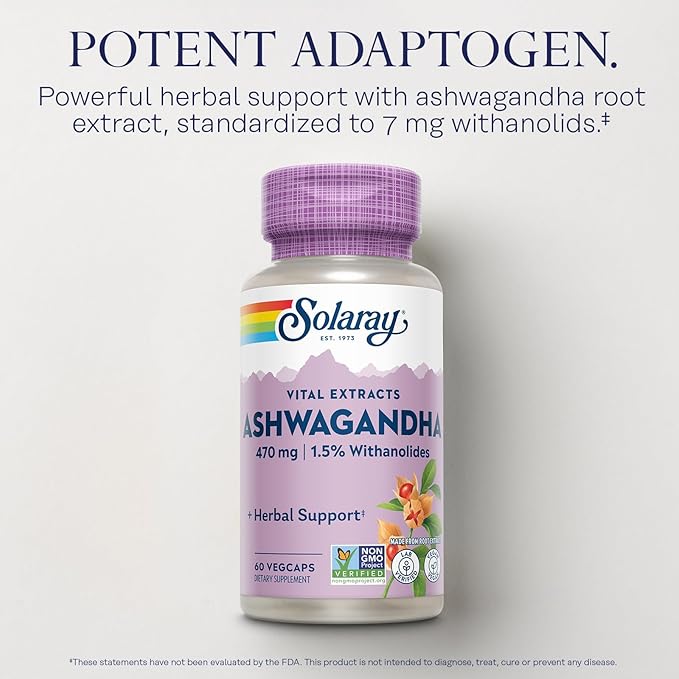SOLARAY Vital Extracts Ashwagandha 470mg - Powerful Adaptogen - Ashwagandha Supplements w/ 7mg Withanolides, Wellness Support, Vegan, Non-GMO, Lab Verified, 60-Day Guarantee, 60 Servings, 60 VegCaps