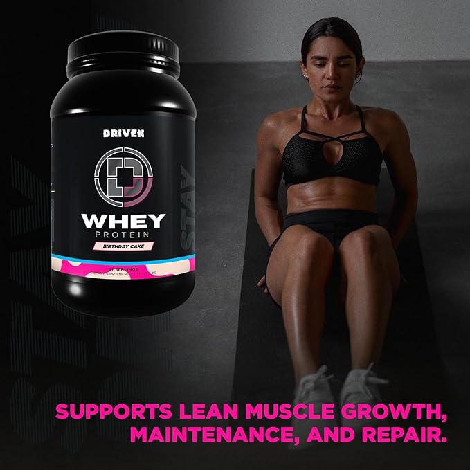 Driven WHEY- Whey Protein Powder: Delicious, Clean Protein Shake- Improve Muscle Recovery with 23 Grams of Protein with Added BCAA and Digestive Enzymes (2lb, Birthday Cake)
