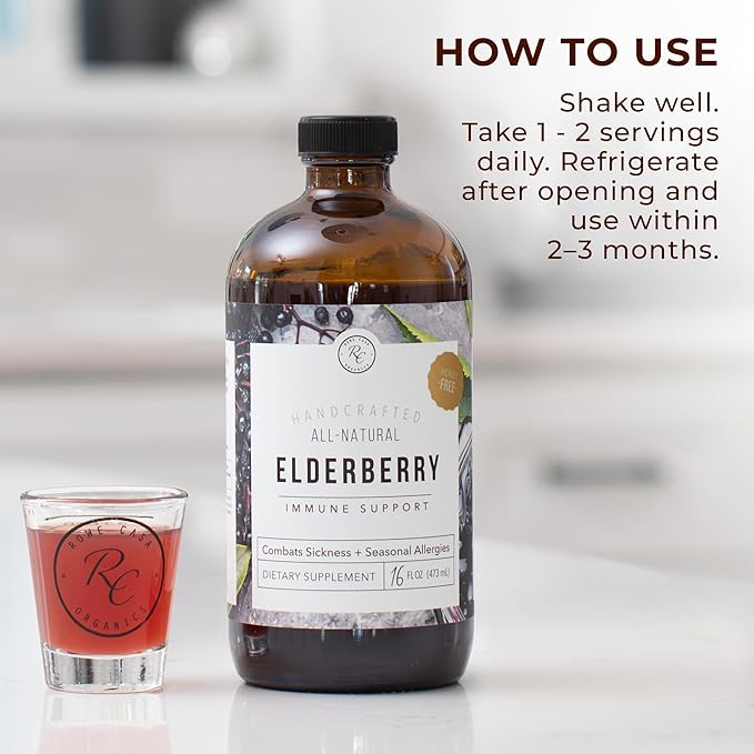 Rowe Casa Organics Honey-Free Elderberry Immune Support with Antioxidants, Zinc and Vitamin C – Kids and Adults Organic Elderberry Syrup for Immune Support, 16 Fl Oz