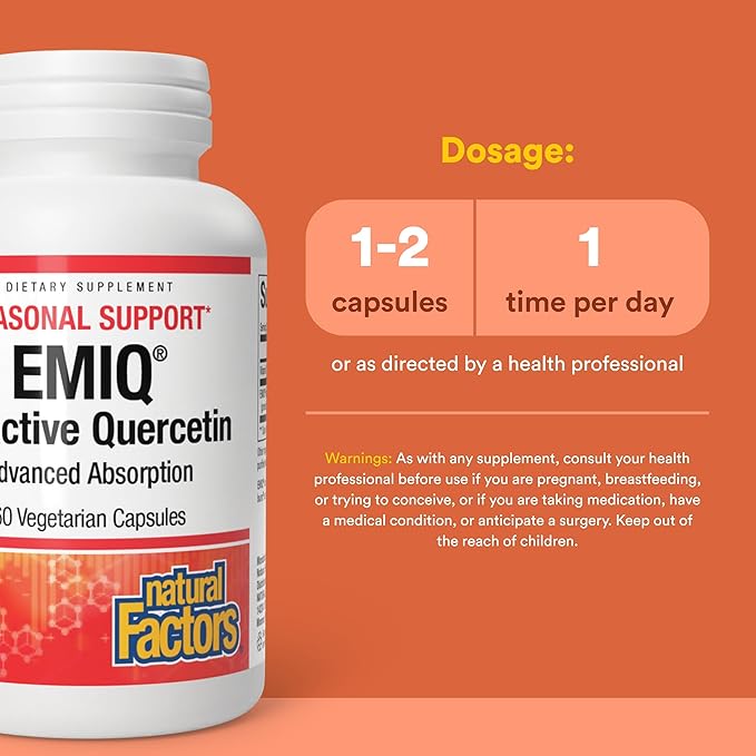 Natural Factors Bioactive Quercetin EMIQ 50 mg with Vitamin C, Supports Sinus, Heart and Immune Health, 60 Capsules
